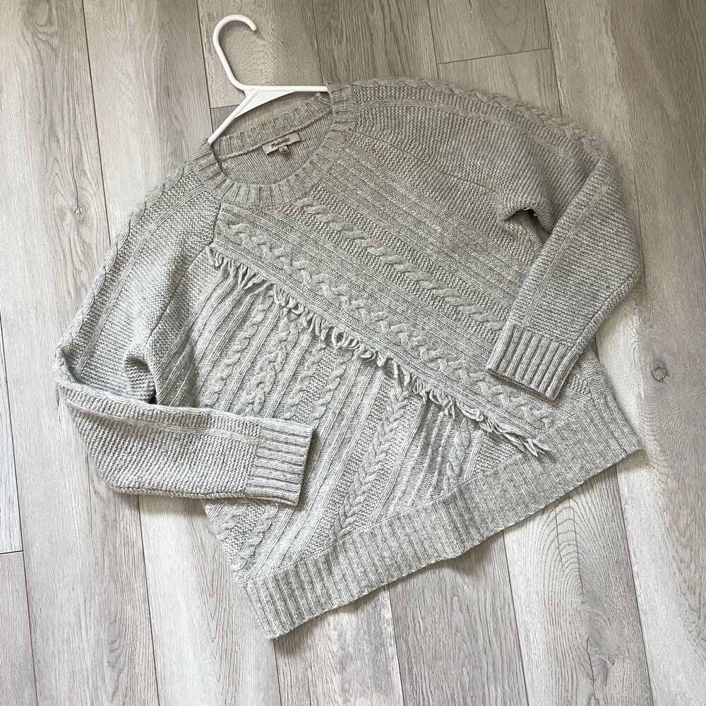 Madewell Wool Sweater merino fringe cable knit crew womens Gray medium fisherman
